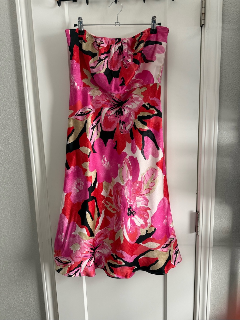 Banana Republic Strapless Floral Satin Midi Dress in Hot Pink & Red